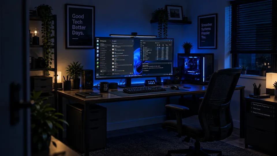 A dark home office lit in blue: a widescreen monitor showing Discord and system tools, a gaming PC with a glass side panel, and posters reading Good Tech Better Days and Smoother Systems Happier You